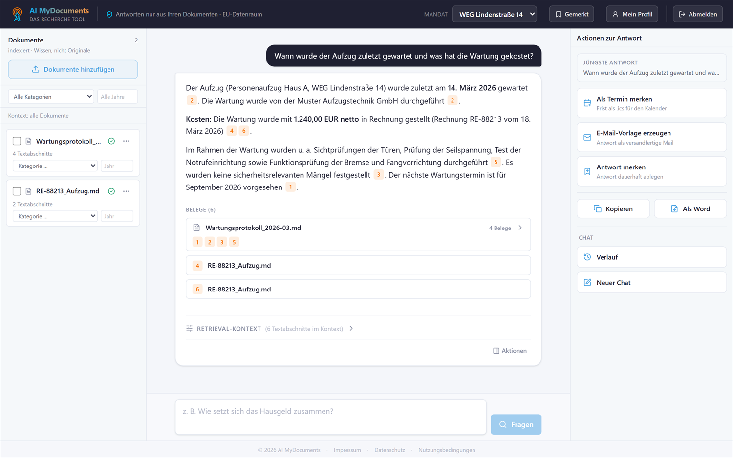 Die AI-MyDocuments-Oberfläche mit Dokumentenliste, zitierter Antwort und Aktionsbereich